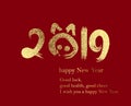 2019 New Year. Happy chinese new year. Greeting card with golden glitter text on red background. Royalty Free Stock Photo