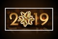 New year 2019 happy christmas card background. New Year celebration abstract typography with golden bow Royalty Free Stock Photo