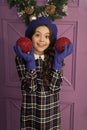 New year has just begun. happy new year. cheerful parisian girl in beret and gloves. winter activity. season shopping Royalty Free Stock Photo