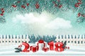 New Year holiday background with numbers 2018, gifts and winter landscape