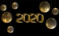 New Year 2020 holiday banner, poster or card with glowing gold Christmas tree toys Royalty Free Stock Photo