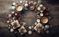 New Year holiday decoration objects on wooden background gift boxes, arrangement elements hot coffee and decorative balls Warm Royalty Free Stock Photo