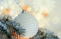 New Year Holiday greeting card. Beautiful ball, pine branches and a garland in the snow. Snowflakes. Words Royalty Free Stock Photo