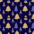 New Year holiday seamless pattern in vector. Gold and blue Christmas trees on a dark background. Festive background in a Royalty Free Stock Photo