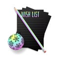 New year holographic wish plan list. New year goals list. 2022 resolutions text on notepad. Action plan. Pencils and realistic