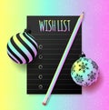 New year holographic wish plan list. New year goals list. 2022 resolutions text on notepad. Action plan. Pencils and realistic