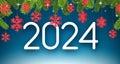 New Year 2024 horizontal background with white numbers for calendar header, fir branches and red paper snowflakes