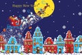 New Year horizontal greeting card.Santa Claus coming to City.Vector Royalty Free Stock Photo