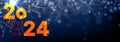 New Year 2024 horizontal poster with bright orange numbers on gradient dark blue background with defocused snowflakes and Royalty Free Stock Photo