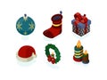 New year icons. Xmas accessories gifts tree lantern snow globe noel santa vector isometric set Royalty Free Stock Photo