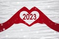 New Year illustration, 2023, heart from hands on an abstract background