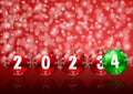 New year 2024 illustration with Christmas baubles and snowflakes on red background, pendulum concept greeting card Royalty Free Stock Photo