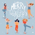 Christmas and Happy New Year greeting card with dancing girls. Womens dance at a Christmas party and celebrate the coming of the N Royalty Free Stock Photo