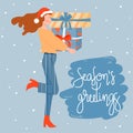 Christmas and Happy New Year greeting card. New Year sales. Happy girl with Christmas gifts. Royalty Free Stock Photo