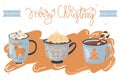 Christmas and Happy New Year illustration. Mugs of cacao with whipped cream, marshmallow and candy cane.