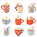 Christmas and Happy New Year set. Mugs of cacao with whipped cream, marshmallow and candy cane.