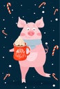 New Year greeting card with funny pig. Cute pig with Christmas cacao.