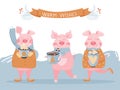 New Year greeting card with funny pigs. Cute pigs with Christmas cacao.