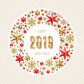 2019 New Year illustration. New year greeting in frame which is made from holiday decor. Royalty Free Stock Photo