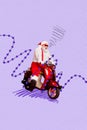 New year image collage of funny funky santa claus drive motor bike fast for christmas seasonal discounts Royalty Free Stock Photo