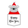 New Year. Koala face head. Red Santa hat, sweater, glasses. T-shirt pocket. Merry Christmas. Kawaii animal. Cute cartoon bear Royalty Free Stock Photo