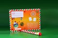 New year letter, pencil, snowman on green background, new year