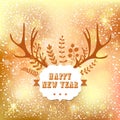 New Year lettering design with leaf and deer horn on bokeh lights background. Winter holidays card. Retro styled badge, banner. Vi