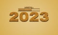 2023 New Year Loading. Loading bar with 3D wooden Style 2023 on Yallow background