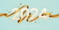 2024 New Year logo with golden paint brushstroke. New Year sign with golden ribbon.