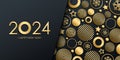 2024 New Year luxury festive banner with golden Christmas balls, stars and snowflakes. Black and gold colors.