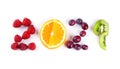 New year 2021 made of fruits on the white background. Healthy food