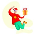 2020 New year man delivering gift for business partner. Cute boy illustration in modern colors and clothes running for Christmas p