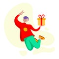 2020 New year man delivery gift for business partner. Cute boy illustration in modern colors and clothes running for Christmas par