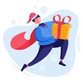 2020 New year man delivery gift for business partner. Cute boy illustration in modern colors and clothes running for Christmas par