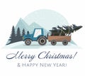 New Year and Merry Christmas card. Blue Christmas tractor with a trailer and with fir tree. Royalty Free Stock Photo