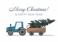 New Year and Merry Christmas card. Blue Christmas tractor with a trailer and with fir tree. Royalty Free Stock Photo