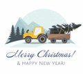 New Year and Merry Christmas card. Yellow Christmas tractor with a trailer and with fir tree. Winter landscape. Royalty Free Stock Photo