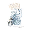 New Year and Merry Christmas watercolor illustration. Gift boxes, deer and snowman. Happy holidays lettering Royalty Free Stock Photo