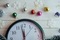 New Year Midnight - clock on background wooden Royalty Free Stock Photo
