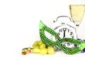 New Year at Midnight. Clock at twelve o'clock with glass of champagne Royalty Free Stock Photo