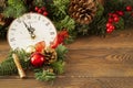 New Year at midnight - Old clock with Christmas decorations, fir branches with cones, holiday balls, copy space