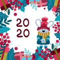 2020 New Year mouse. Christmas postcard, background with cuty character mouse in a hat and gifts, berries