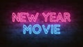 New Year movie neon sign. blue glow. neon text. Night lighting on the wall. 3d render. Holiday background. Greeting card