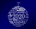 2020 new year multilingual text word cloud greeting card in the shape of a christmas ball