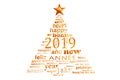 2019 new year multilingual text word cloud greeting card in shape of a christmas tree Royalty Free Stock Photo