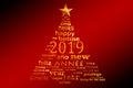 2019 new year multilingual text word cloud greeting card in shape of a christmas tree Royalty Free Stock Photo