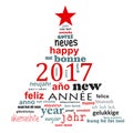 2017 new year multilingual text word cloud greeting card, shape of a christmas tree Royalty Free Stock Photo