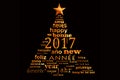 2017 new year multilingual text word cloud greeting card, shape of a christmas tree