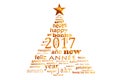 2017 new year multilingual text word cloud greeting card, shape of a christmas tree Royalty Free Stock Photo