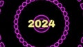 New Year 2024 neon lights circles brightly glowing. happy New Year 2024 black background.2024